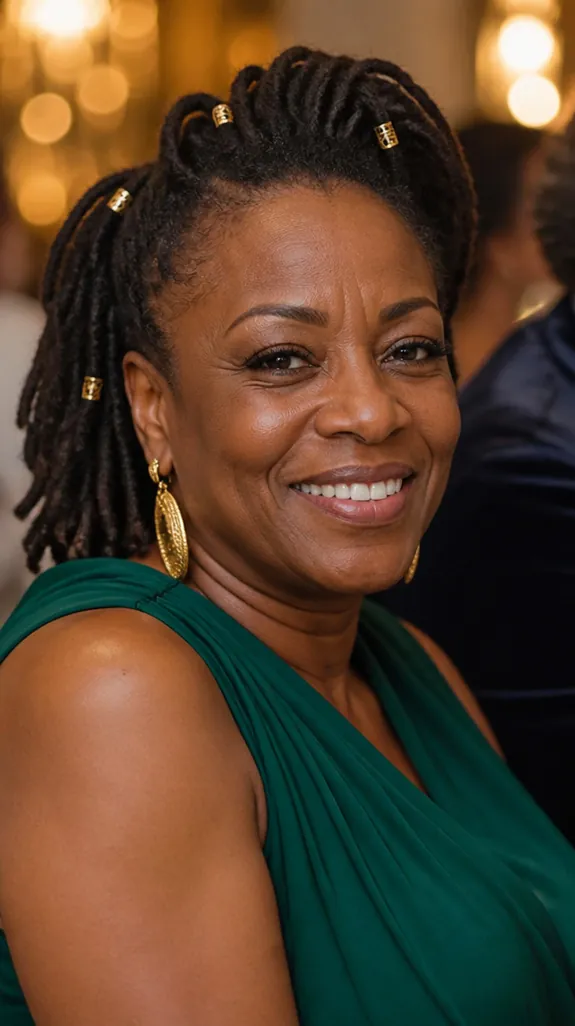 Black woman in her fifties with short locs styled up and gold loc cuffs