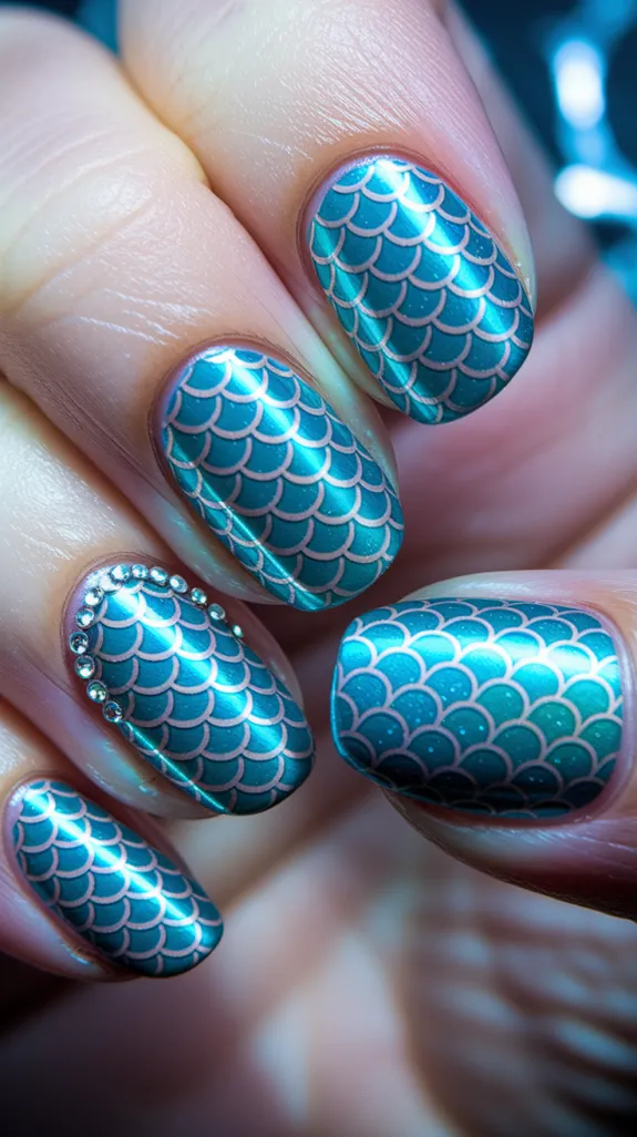short teal nails with a shimmery mermaid scale pattern