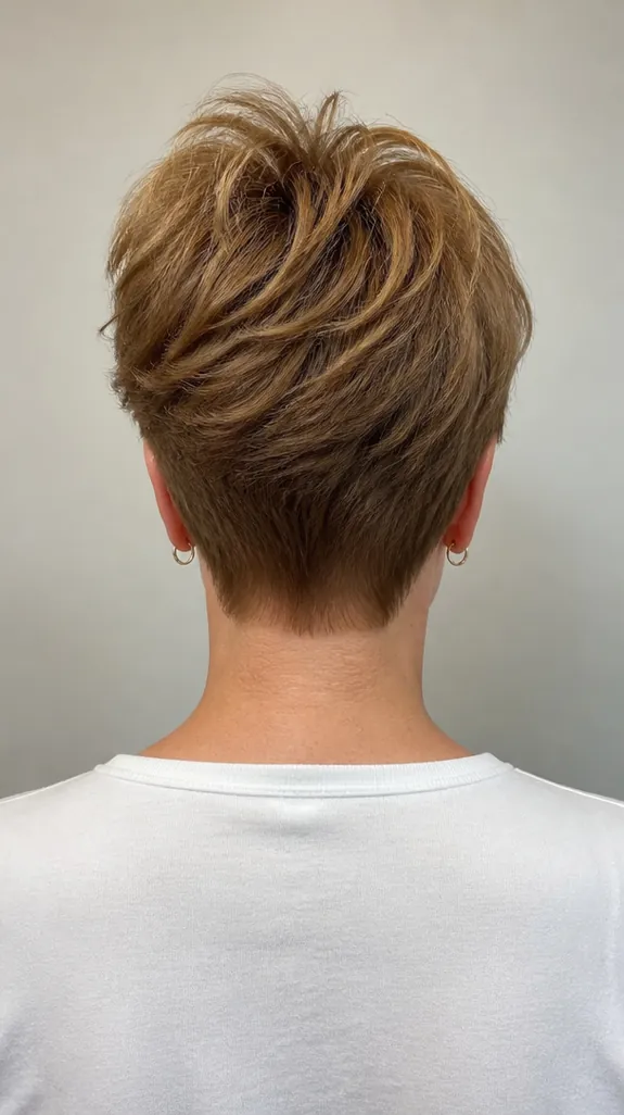back view of a growing-out pixie with a short tapered nape and longer top