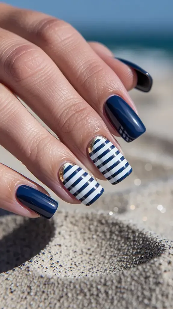 short nails with thin navy and white stripes and a red accent