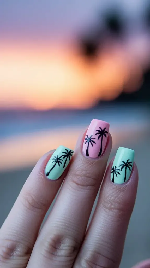 short aqua and pink nails with black palm tree silhouettes