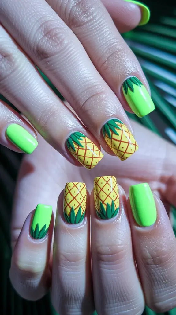 short nails with yellow pineapple accents and bright green