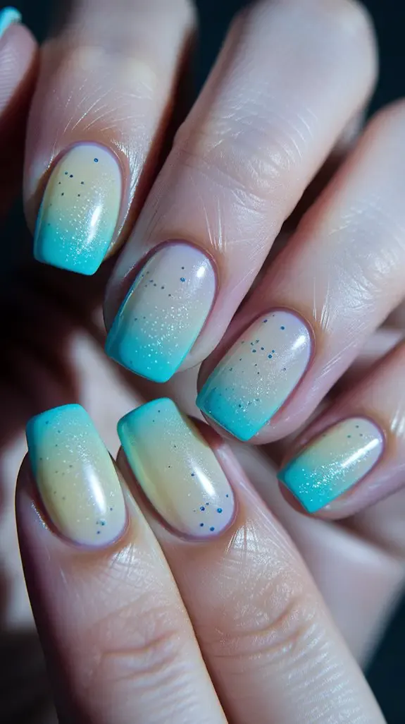 short nails in frosted seaglass green and aqua