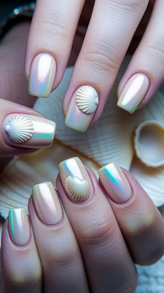 short nails with a sand base and a small white seashell accent