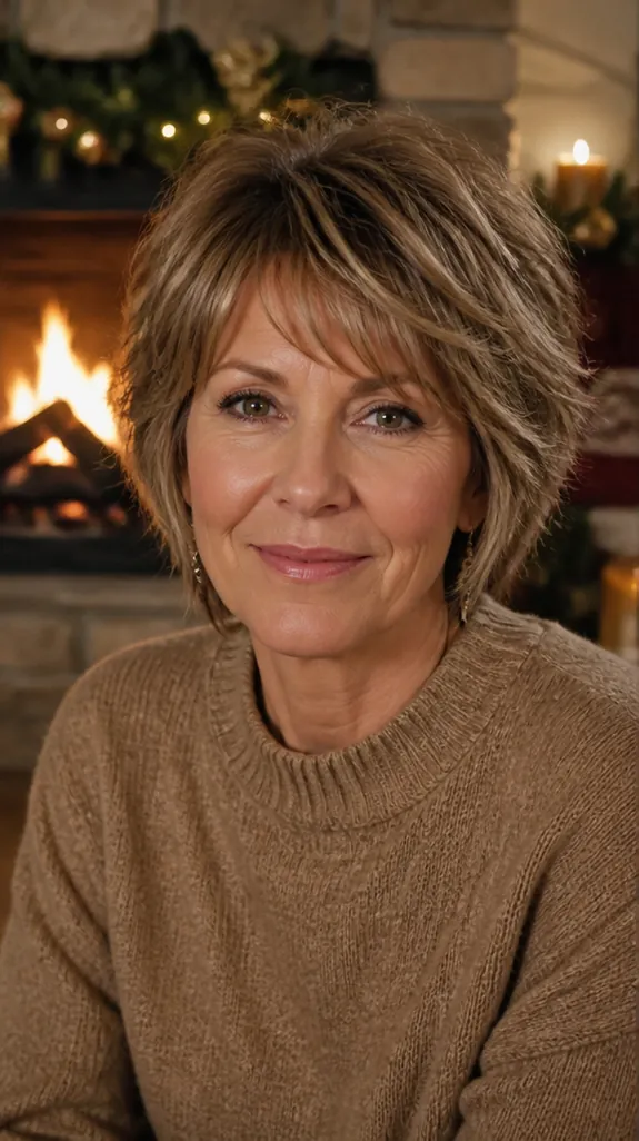 woman in her fifties with a short shag and side-swept bangs