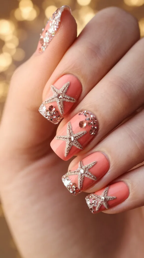 short coral nails with gold starfish and glitter tips
