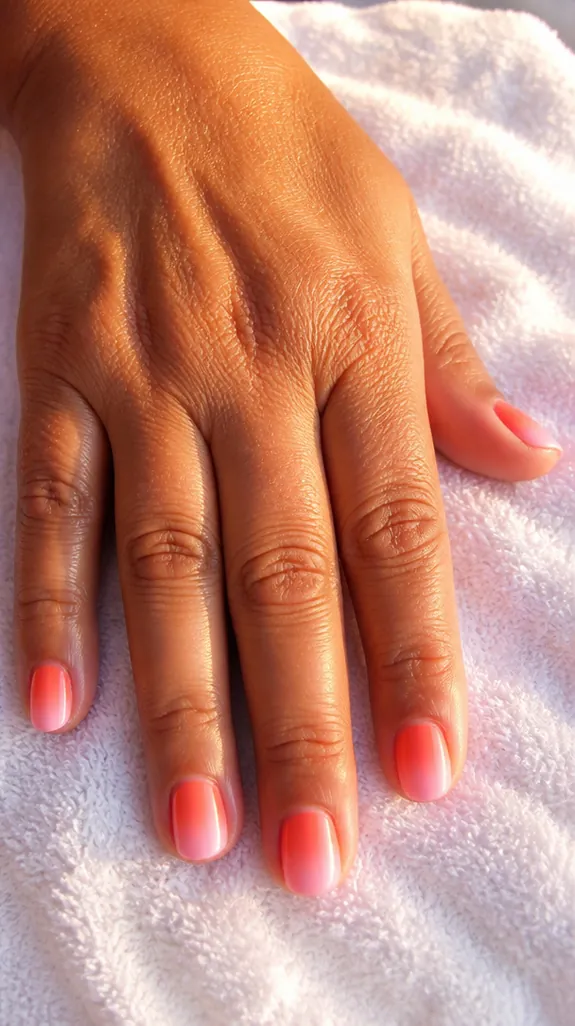 short squoval nails with a coral and pink sunset gradient