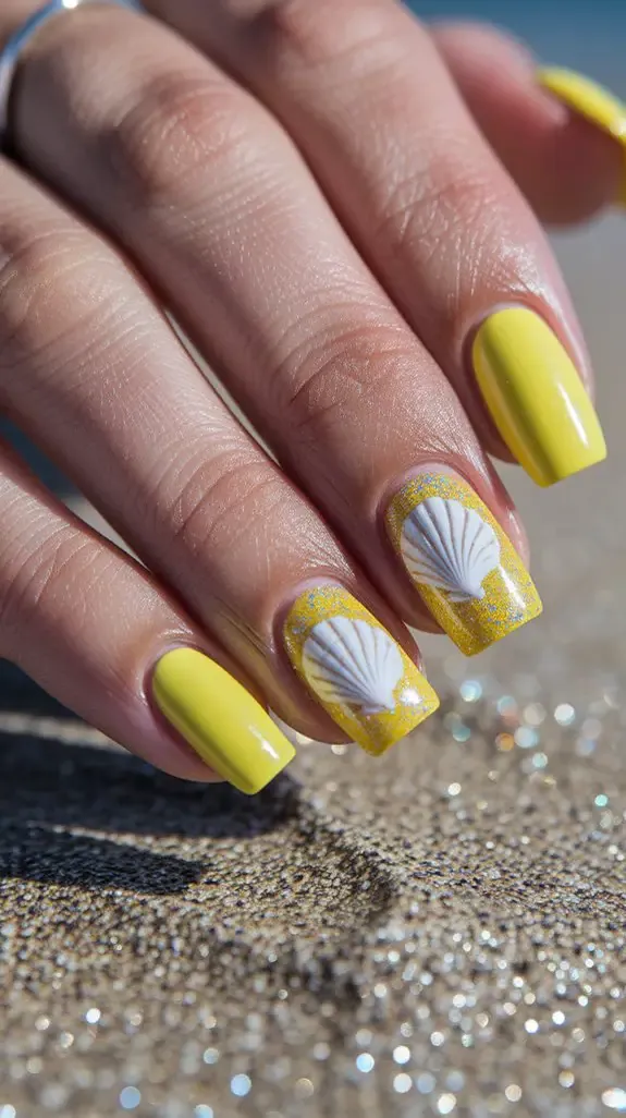 short bright yellow nails with a white seashell accent