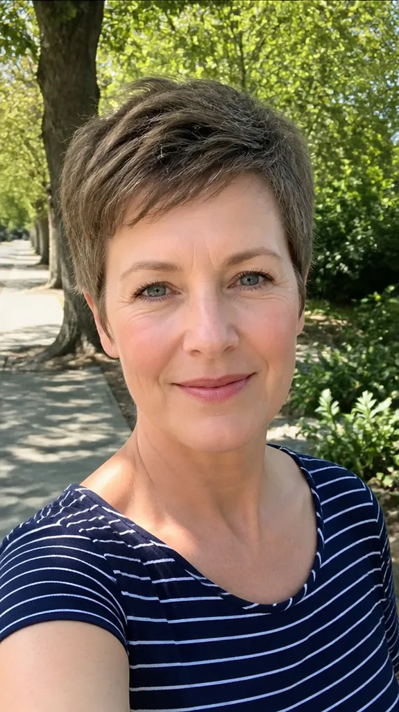 woman in her fifties with a short textured pixie cut