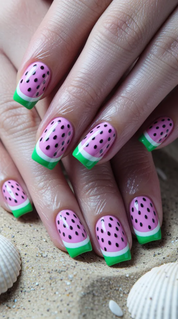 short pink watermelon nails with thin green tips and black seeds