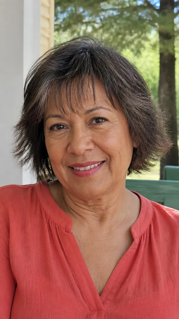 woman in her sixties with a short shag and wispy bangs