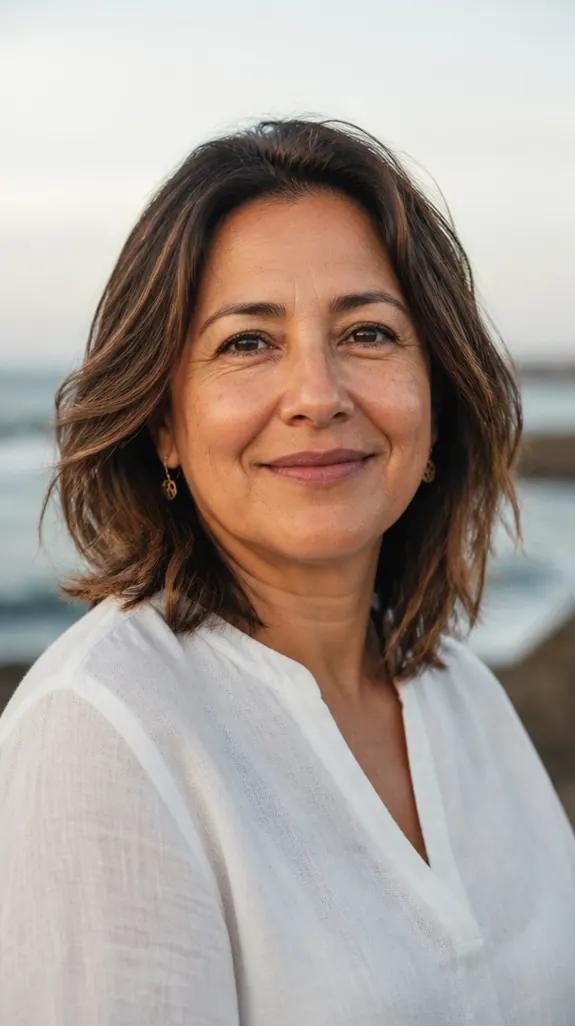 Latina woman over 50 with shoulder-length beach waves
