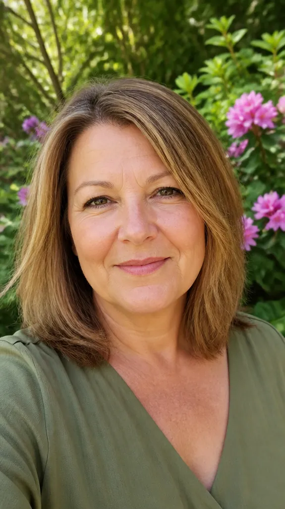 woman in her fifties with a round face and a shoulder-length cut with face-framing layers
