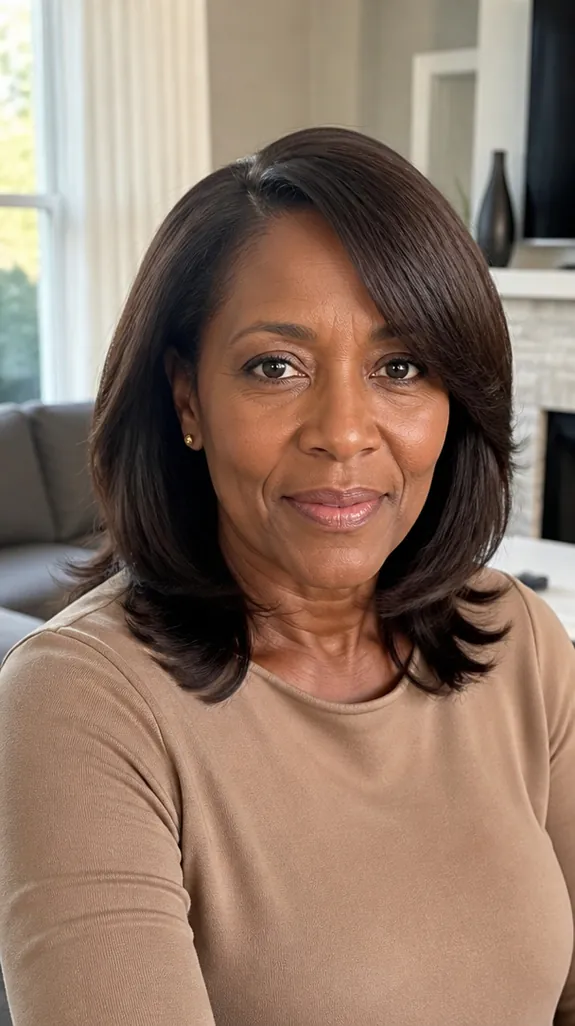 woman in her fifties with a shoulder-length cut with long layers