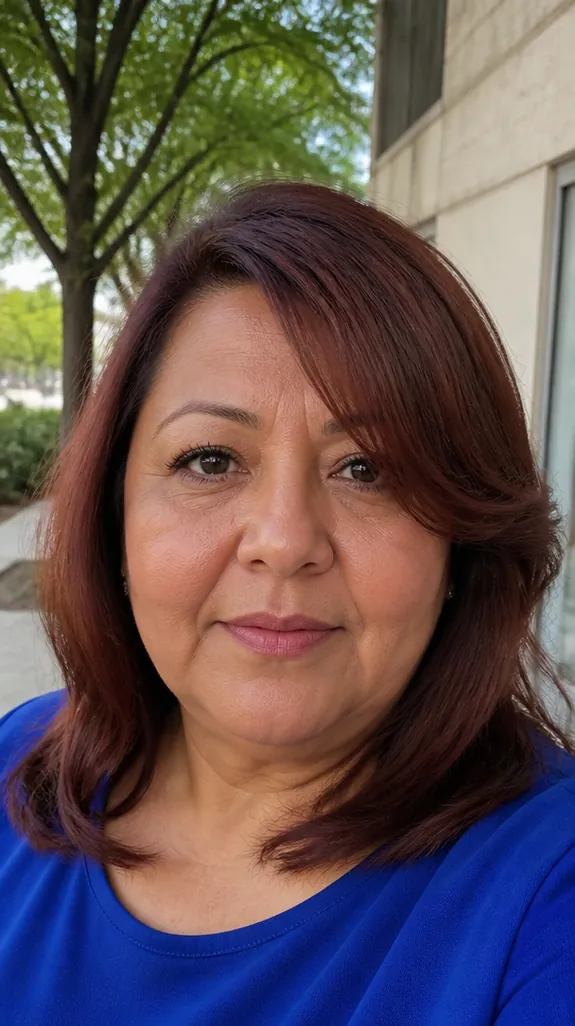 woman in her fifties with a round face, shoulder-length hair and long side bangs