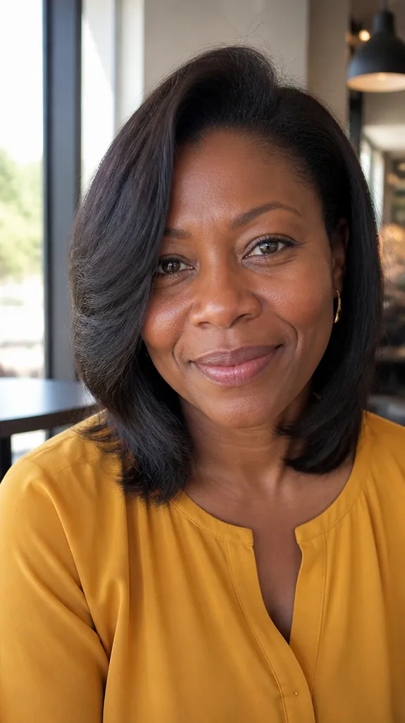 Black woman in her fifties with side-parted layers