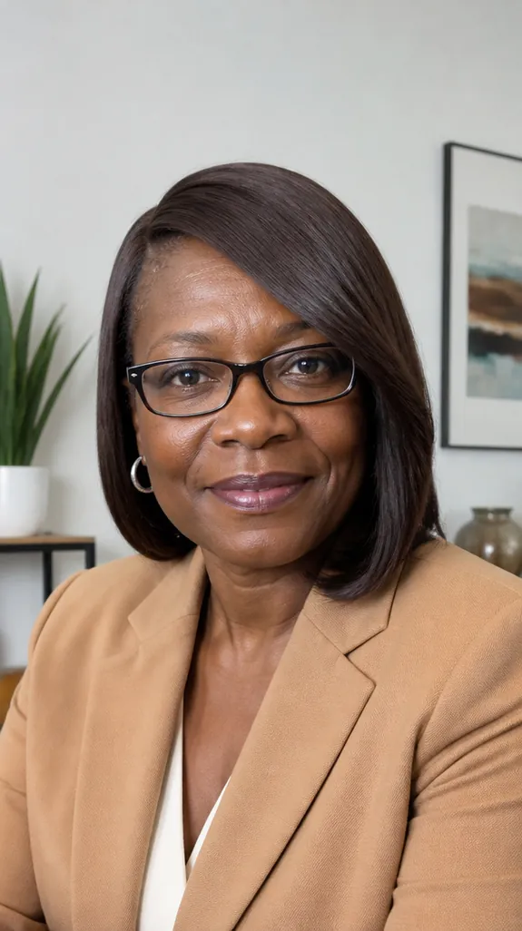 woman in her fifties with a round face, glasses and a side-parted long bob
