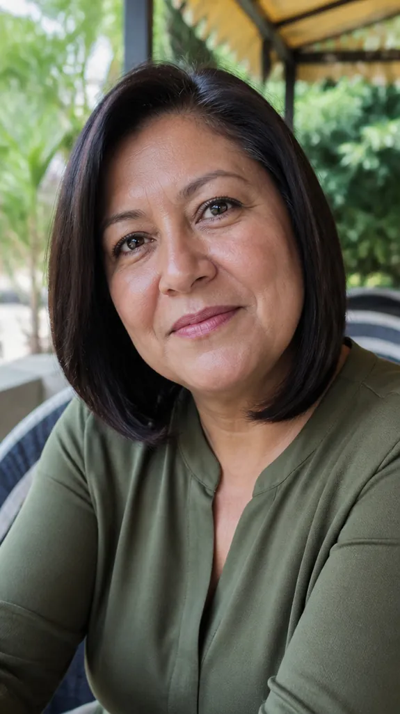 woman in her fifties with a side-parted long bob