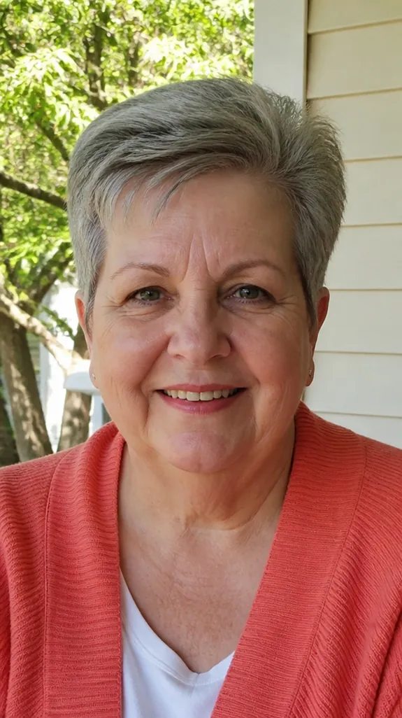 woman in her sixties with a round face and a side-parted pixie with height on top