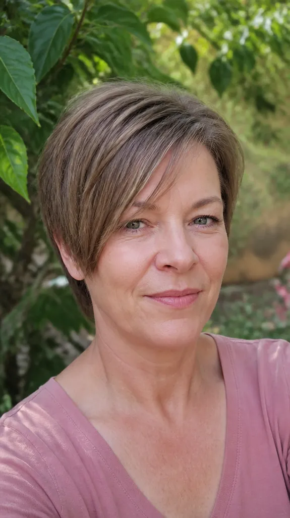 woman in her fifties growing out a pixie with side-swept bangs