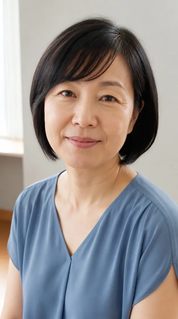 woman in her fifties with fine hair and side-swept bangs
