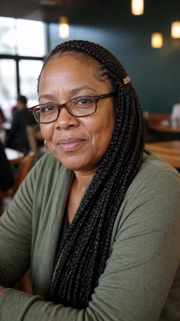 Black woman over 50 with long braids swept over one shoulder