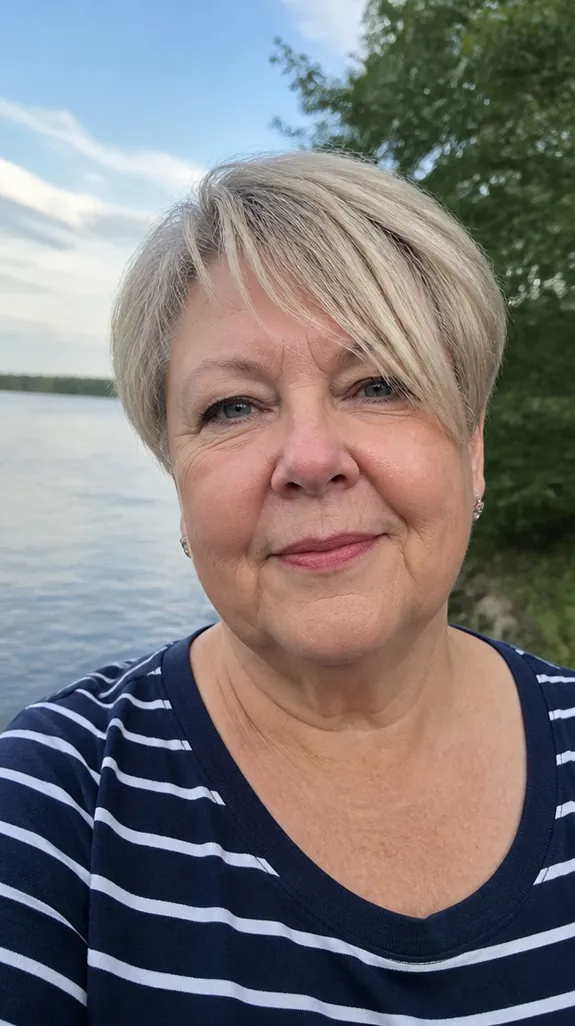 woman in her sixties with a round face and a side-swept pixie with long bangs