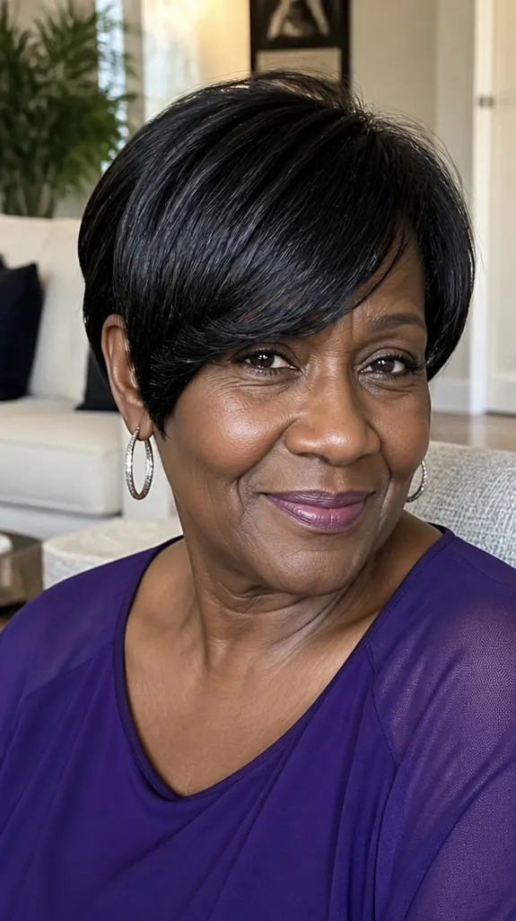 Black woman in her sixties with a silk-pressed bixie