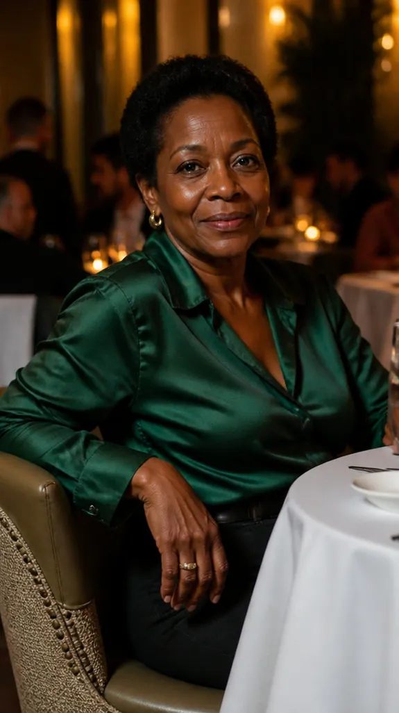 woman in her fifties in an emerald silky blouse and tailored pants at a restaurant