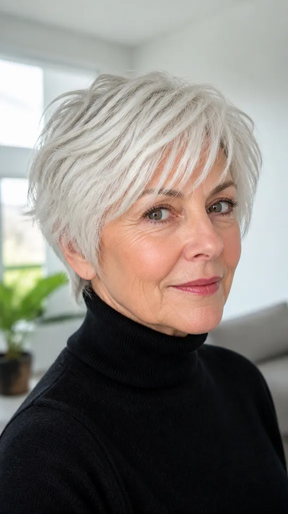 woman in her sixties with a thick silver bixie