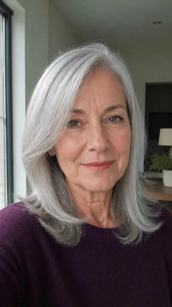 woman in her sixties with glossy even silver hair