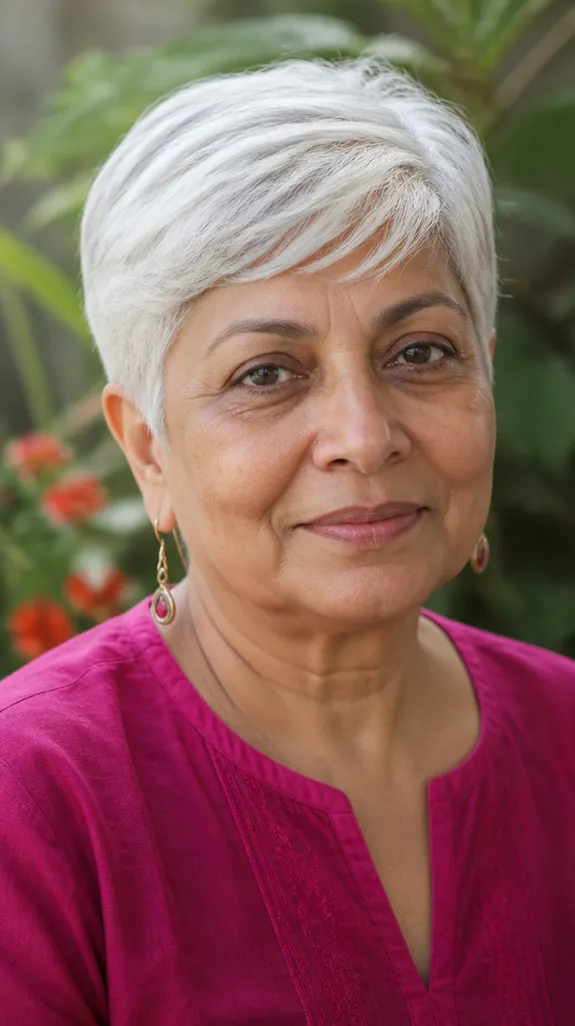 woman in her sixties with a bright silver pixie cut