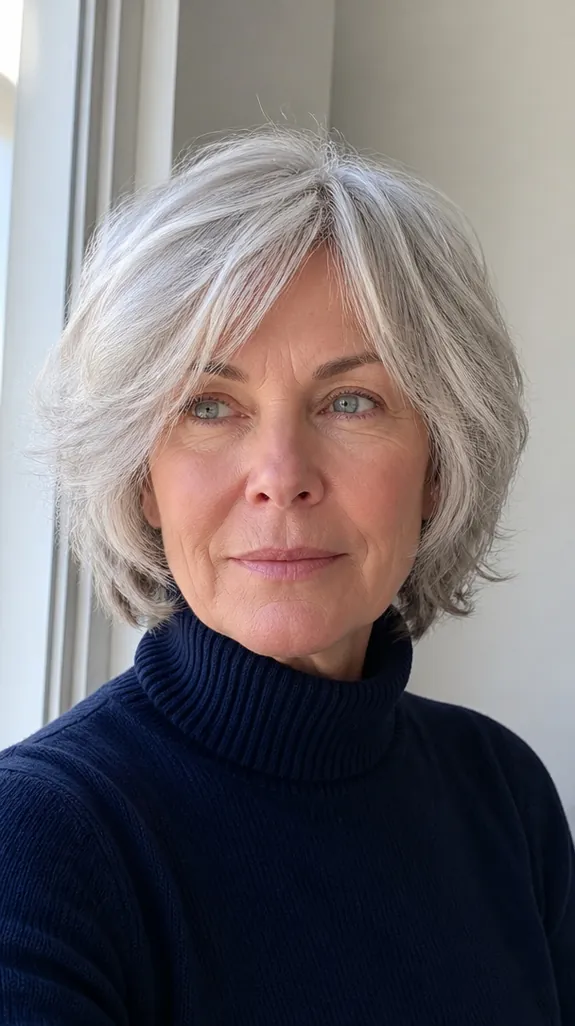 woman in her sixties with a silver layered shag