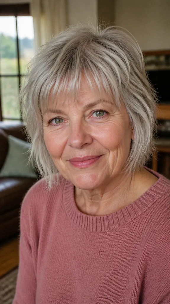woman in her sixties with a round face and a silver shag