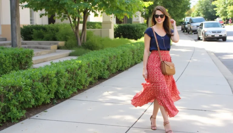 woman in a red floral midi skirt and navy top walking on a tree-lined sidewalk