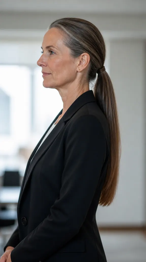 woman over 50 with a sleek low ponytail, seen in profile