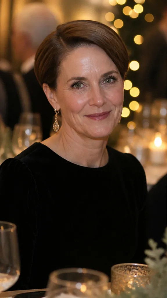 woman in her fifties with a sleek side-parted brown pixie and drop earrings at a holiday dinner