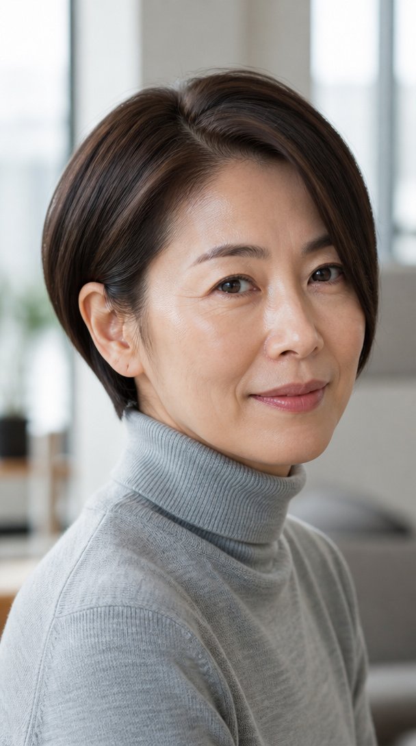 Asian woman over 50 with a sleek dark brown side-swept bixie