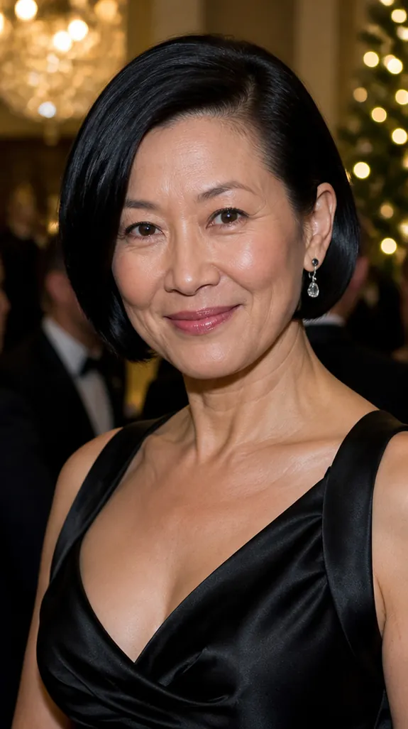 East Asian woman in her fifties with a sleek side-swept black bob at a formal event