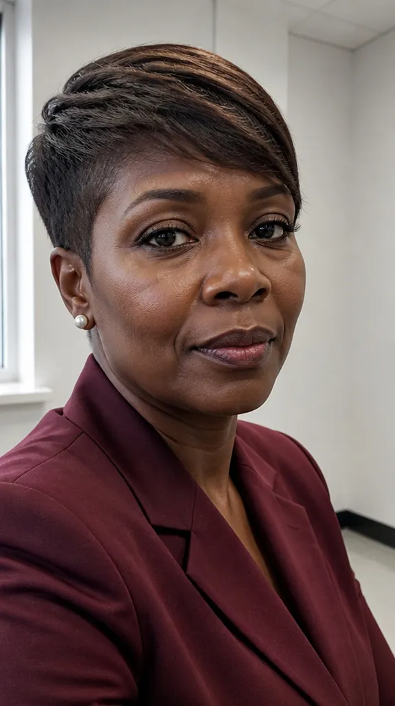 Black woman in her fifties with a smooth tapered bixie
