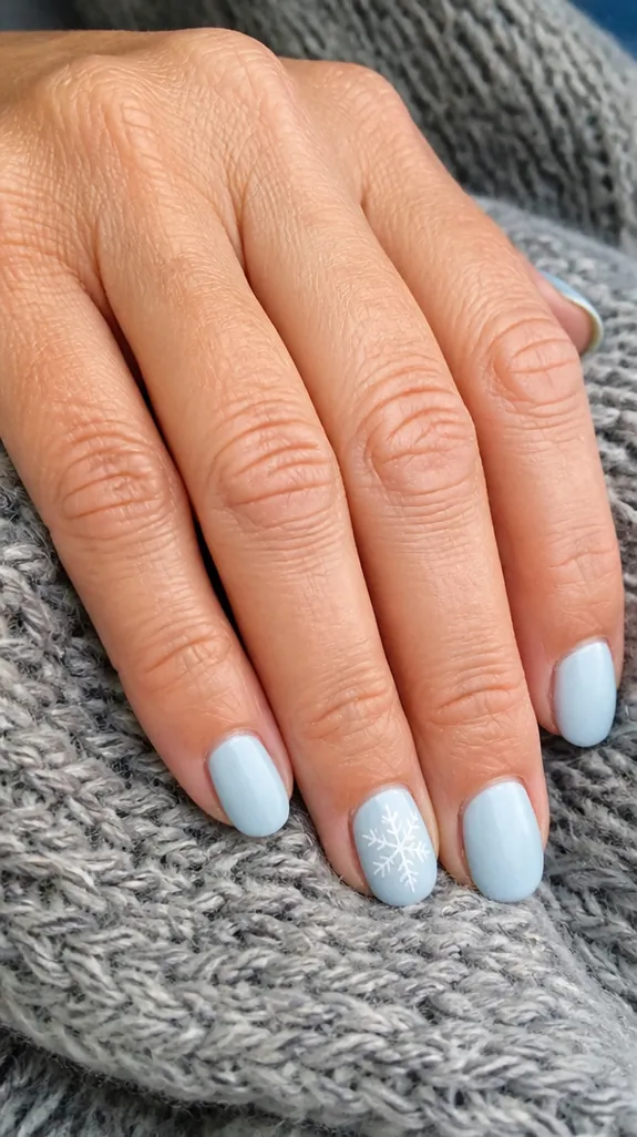short pale blue nails with one white snowflake accent