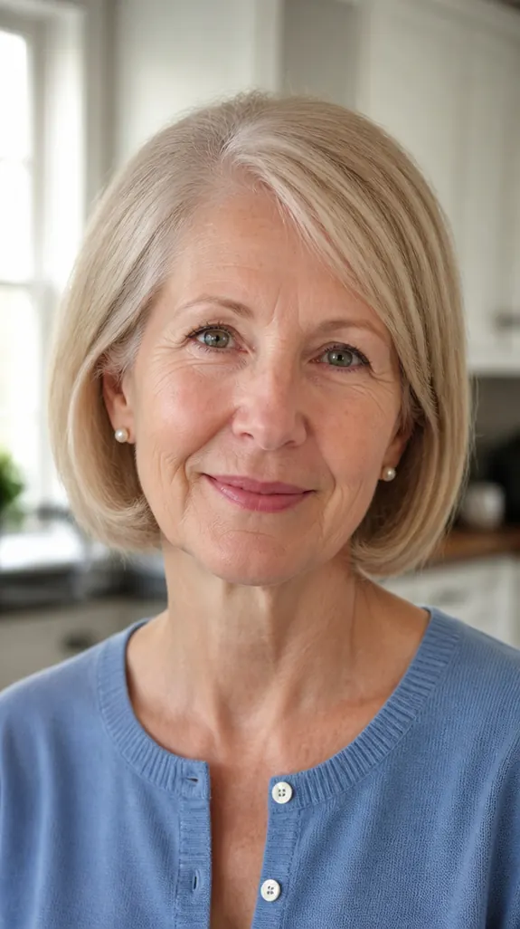 woman over 60 with a soft chin-length bob on fine blonde hair