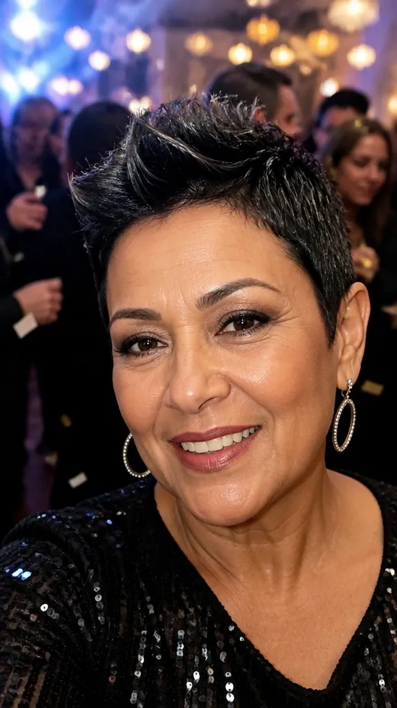Latina woman in her fifties with a soft faux hawk pixie at a New Year's Eve party