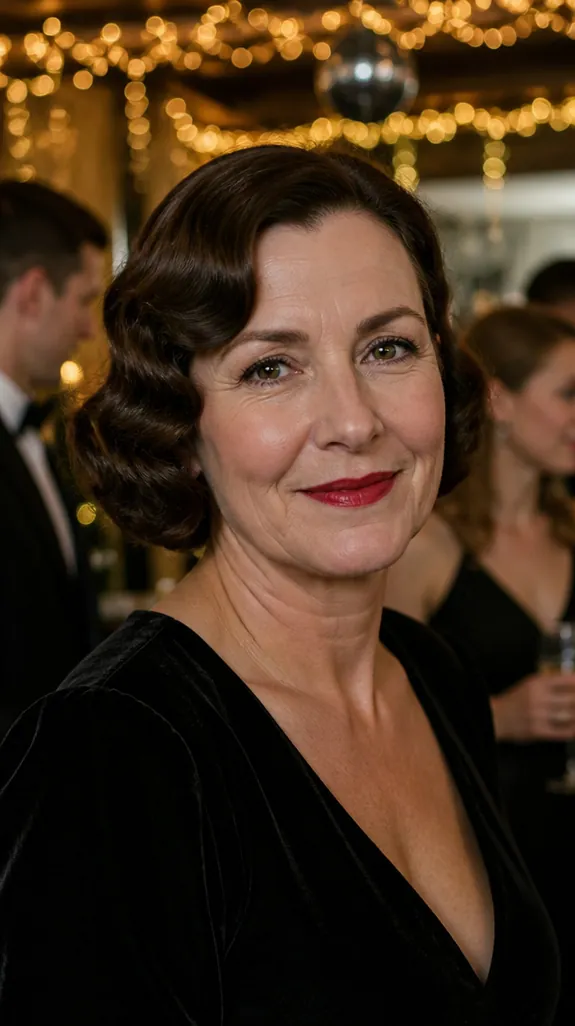 woman in her fifties with soft vintage finger waves on a short dark bob