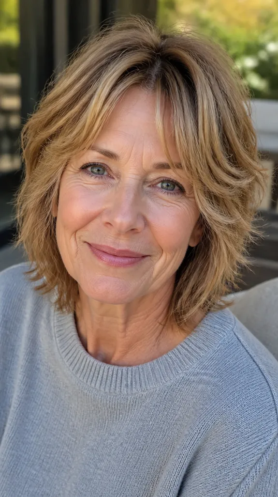 woman in her sixties with a shag with soft blonde highlights
