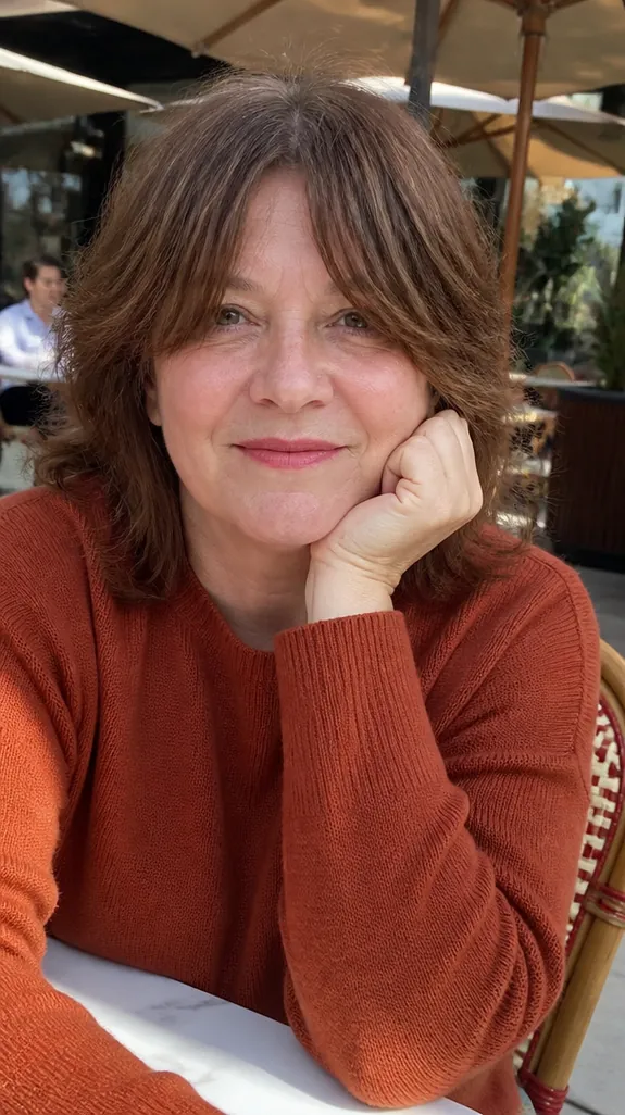 woman in her fifties with a round face and a soft shag with curtain bangs