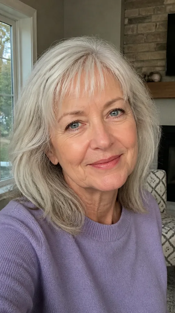 woman in her sixties with a soft shoulder-length shag and light fringe
