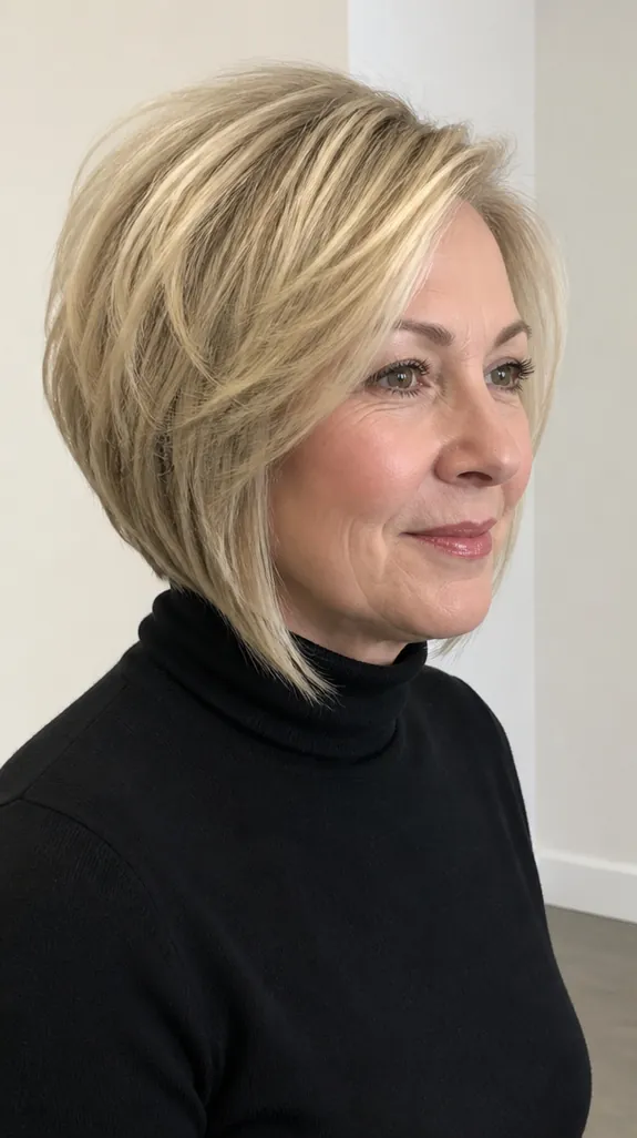 woman in her fifties with a round face and a short stacked bob with longer front pieces