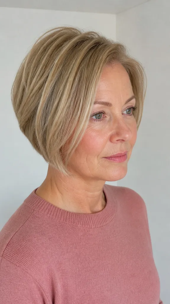 woman in her fifties with a stacked bob with volume at the crown