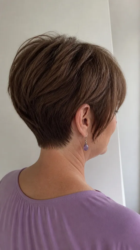 three-quarter back view of a woman in her fifties with a stacked bixie and short nape